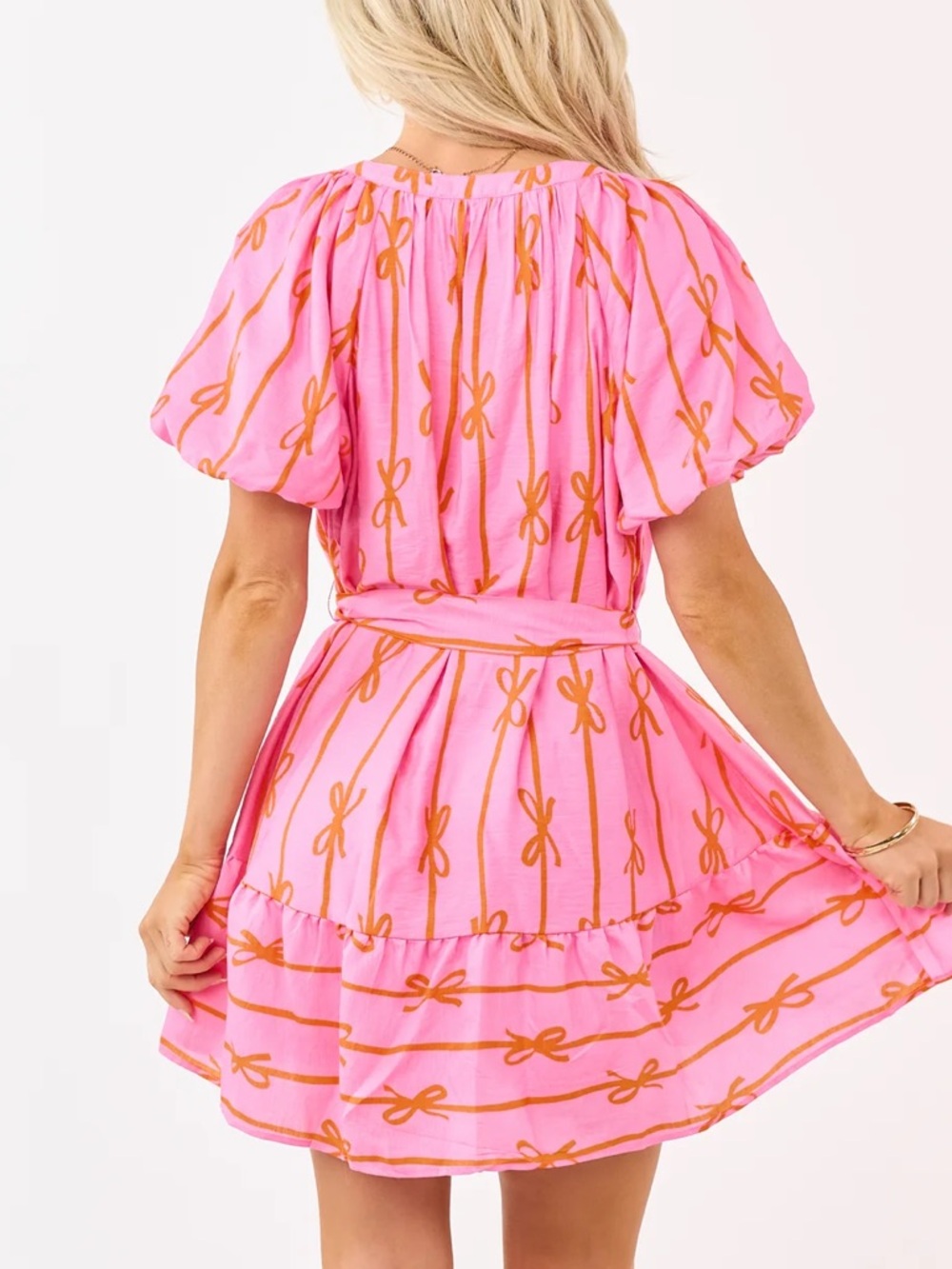 NWT Umgee Bow Print Mini Dress w/ Tie Waist - Picture 2 of 10